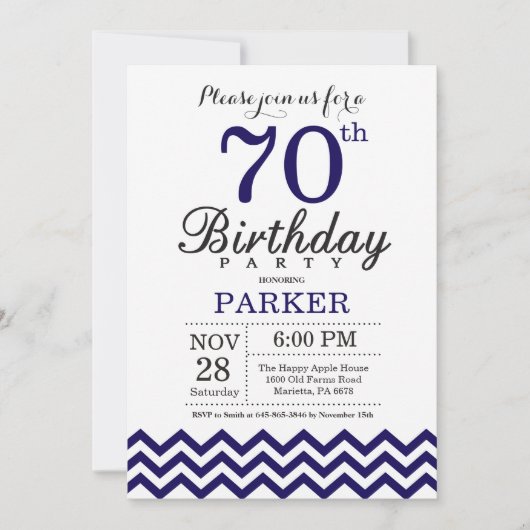 70e Birthday Invitation Navy Blue Chevron Kaart (Voorkant)