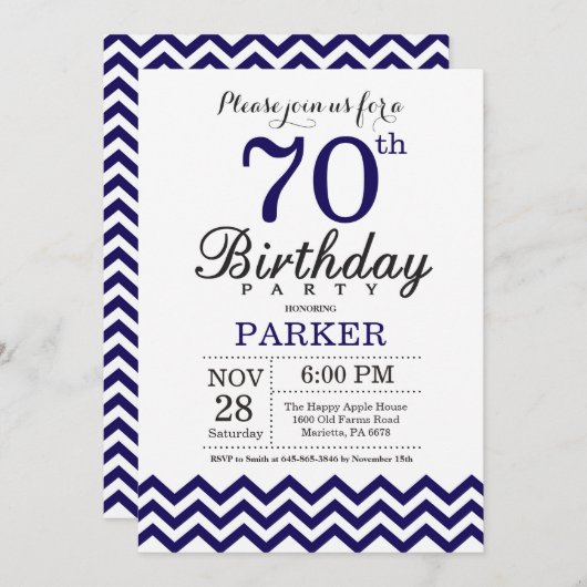 70e Birthday Invitation Navy Blue Chevron Kaart (Voorkant / Achterkant)