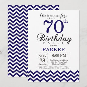 70e Birthday Invitation Navy Blue Chevron Kaart