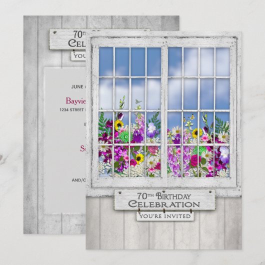70e Birthday Party INVITATION, Rustic Window Kaart (Voorkant / Achterkant)
