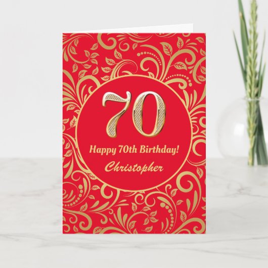 70e Birthday Red en Gold Floral Pattern Kaart (Voorkant)