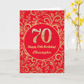 70e Birthday Red en Gold Floral Pattern Kaart (Gele Bloem)