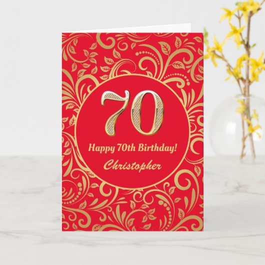 70e Birthday Red en Gold Floral Pattern Kaart (Gele Bloem)