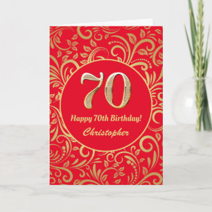 70e Birthday Red en Gold Floral Pattern Kaart