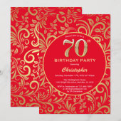 70e Birthday Red en Gold Floral Pattern Kaart (Voorkant / Achterkant)