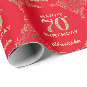 70e Birthday Red en Gold Glitter Lijst Cadeaupapier