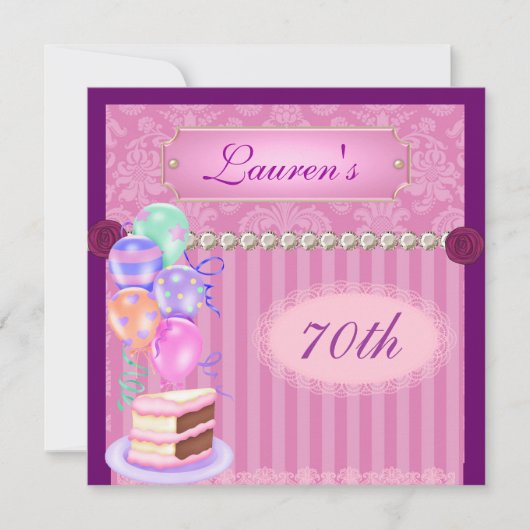 70E BIRTHDAY Roze Damask Invitation Kaart (Voorkant)