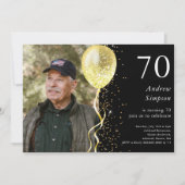 70e | Black & Gold Glitter Foto Verjaardag Kaart (Voorkant)