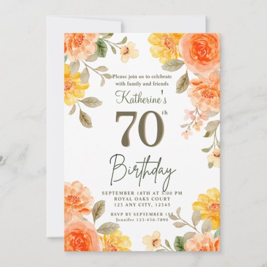 70e bloemige Sinaasappel geel Boho Waterverf Verja Kaart (Voorkant)