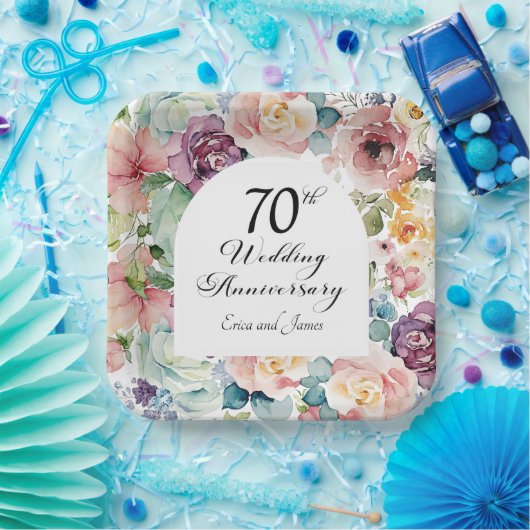 70e bruiloft Jubileum Elegant Script Floral Papieren Bordje (Feest)