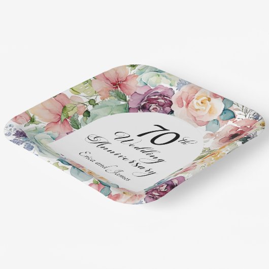 70e bruiloft Jubileum Elegant Script Floral Papieren Bordje (Gebogen)