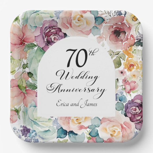 70e bruiloft Jubileum Elegant Script Floral Papieren Bordje (Voorkant)