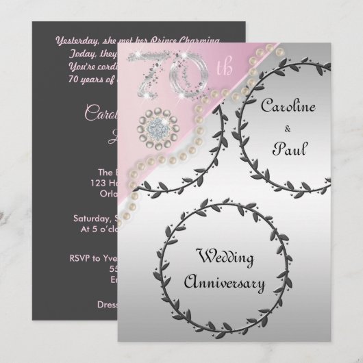 70e bruiloft Jubileum in reliëf van zilveren Roos Kaart (Voorkant / Achterkant)