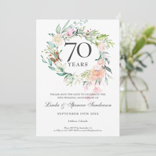 70e bruiloft Jubileum Rozen Floral Garland Save The Date (Staand voorkant)