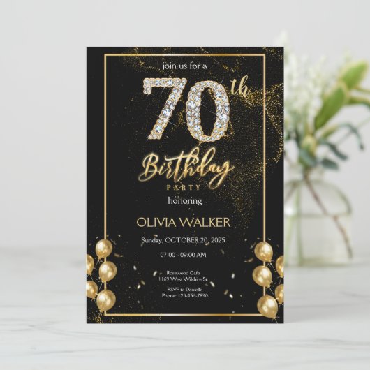 70e Diamond Zwart en Goud Verjaardag Kaart (Staand voorkant)