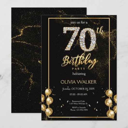 70e Diamond Zwart en Goud Verjaardag Kaart (Voorkant / Achterkant)