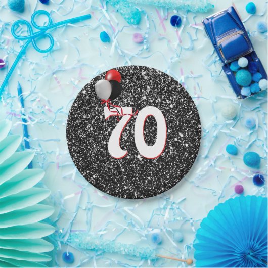 70e geboortedag ballonnen op zwarte glitter papieren bordje (Feest)