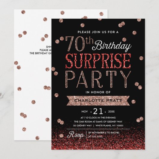 70e Glitter Confetti Surprise Party Invitation Kaart (Voorkant / Achterkant)