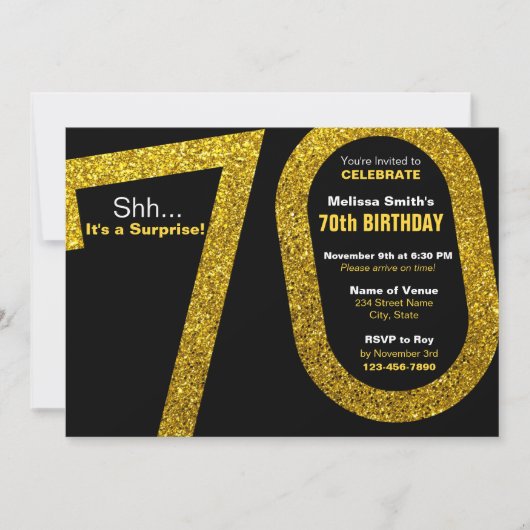 70e Gold Glitter Birthday Invitation Kaart (Voorkant)