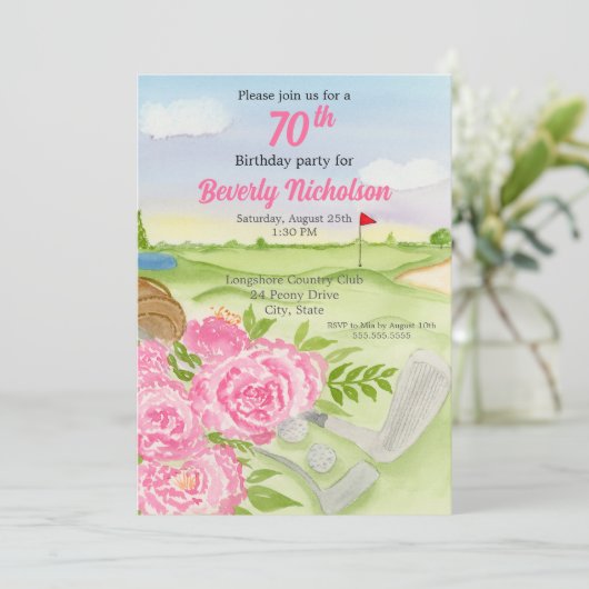 70e golf verjaardagsfeest pioenen op golfbaan kaart (Staand voorkant)