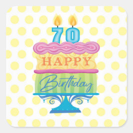 70e Happy Birthday Cake Yellow Stippen Vierkante Sticker