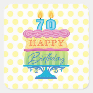 70e Happy Birthday Cake Yellow Stippen Vierkante Sticker