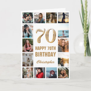 70e Happy Birthday Gold en White Photo Collage Kaart