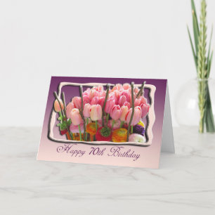 70e Happy Birthday-kaart - Roze tulpen Kaart