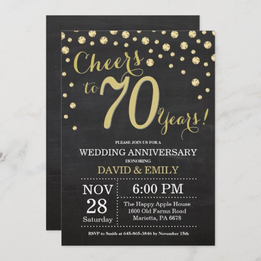 70e Jubileum Chalkboard Black en Gold Kaart (Voorkant / Achterkant)