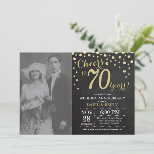 70e Jubileum Chalkboard Black en Gold Kaart (Staand voorkant)