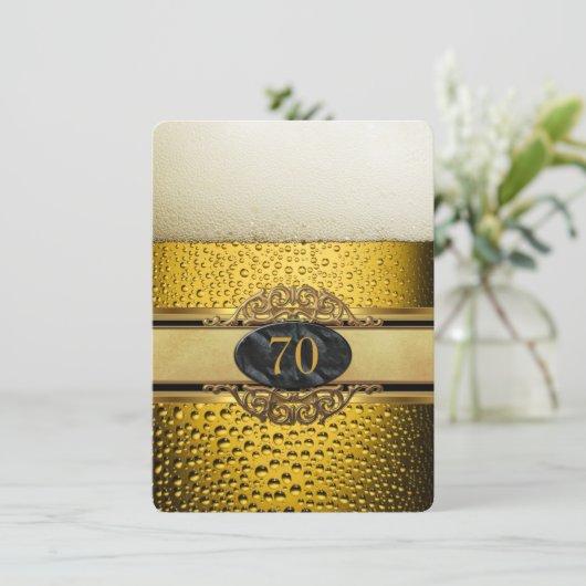 70e Mans Beer Black Gold Birthday Party Kaart (Staand voorkant)