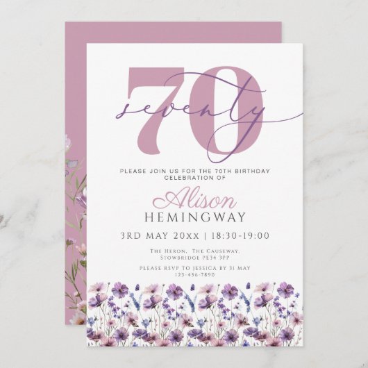 70e Paarse Bloemen Vlinderverjaardag Kaart (Voorkant / Achterkant)