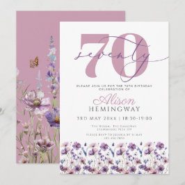 70e Paarse Bloemen Vlinderverjaardag Kaart