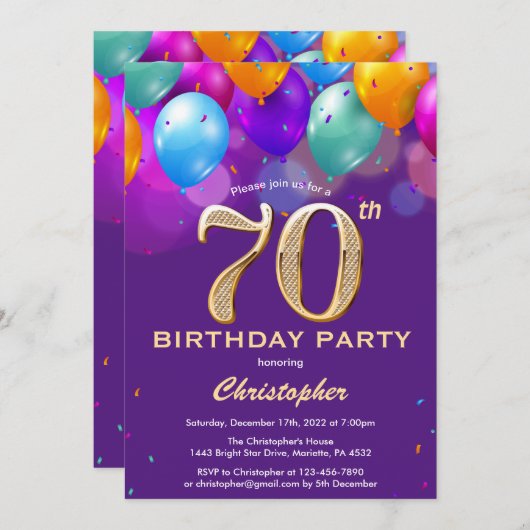 70e Paarse en goudkleurige ballonnen ter wereld Kaart (Voorkant / Achterkant)