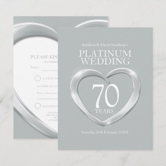 70e platina bruiloft, hartslagkaart RSVP kaartje (Voorkant / Achterkant)