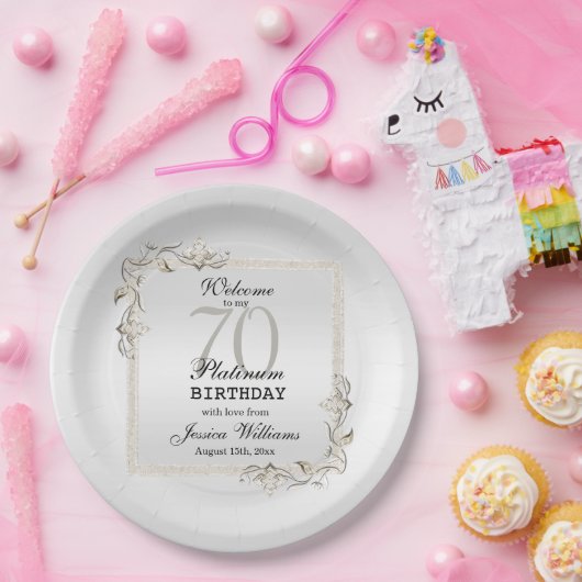 70e Platinum Birthday Paper Borden Papieren Bordje (Feest)