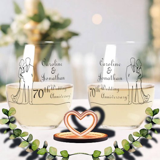 70e Platinum Wedding Jubileum Line Art Couple Wijnglas Zonder Voet