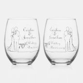 70e Platinum Wedding Jubileum Line Art Couple Wijnglas Zonder Voet (Voorkant)