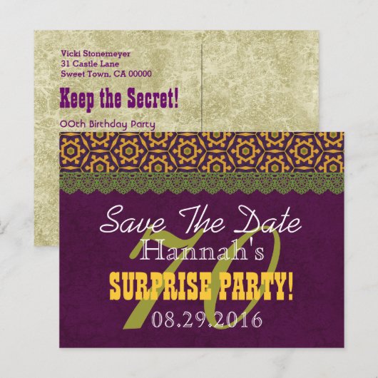 70e Save the Date SURPRISE Verjaardag V070D Aankondigingskaart (Voorkant / Achterkant)