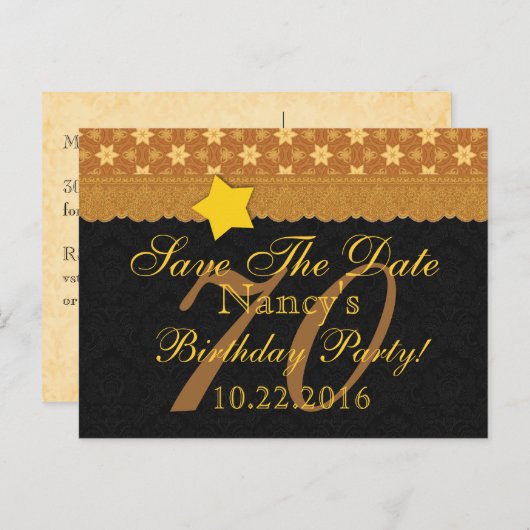 70e Save the Date Verjaardag Goud Zwart Kant A2 Aankondigingskaart (Voorkant / Achterkant)