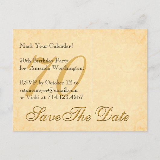 70e Save the Date Verjaardag Goud Zwart Kant A2 Aankondigingskaart (Achterkant)