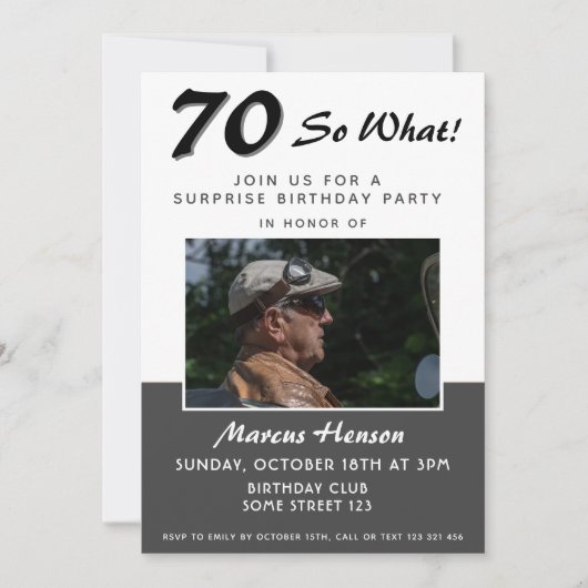 70e Surprise Birthday Party Photo Invitation Kaart (Voorkant)