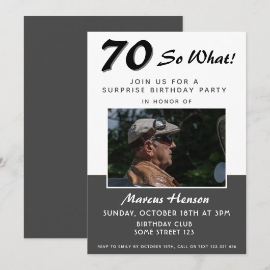 70e Surprise Birthday Party Photo Invitation Kaart (Voorkant / Achterkant)