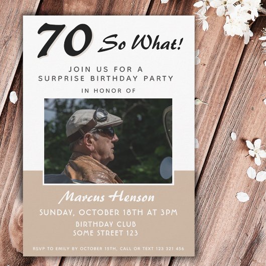 70e Surprise Birthday Party Photo Invitation Kaart