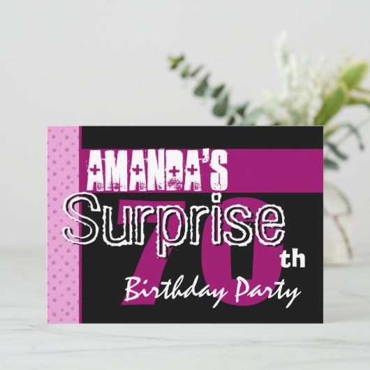 70e Surprise Birthday Party roze Pattern Sjabloon Kaart (Staand voorkant)