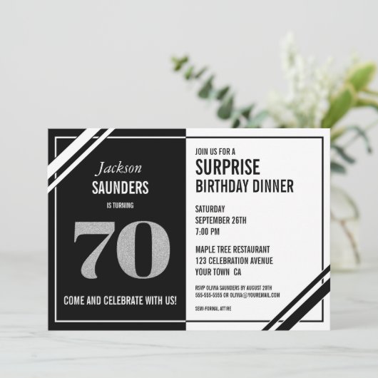 70e surrogaatdag Modern Black White Dinner Kaart (Staand voorkant)