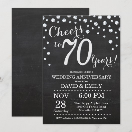 70e trouwdag krijtbord zwart zilver kaart (Voorkant / Achterkant)