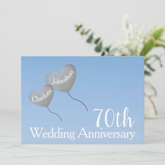 70e trouwdag platina hart ballon kaart (Staand voorkant)