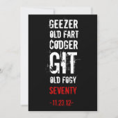 70e uitnodiging van de Birthday Party Geezer (Voorkant)