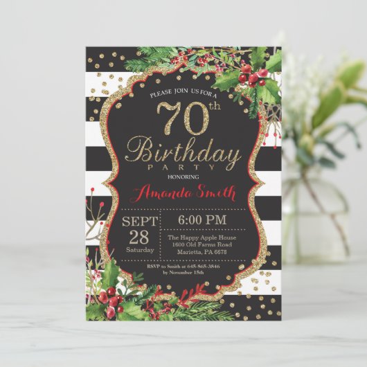 70e uitnodiging van de verjaardag. Kerstrood zwart (Staand voorkant)
